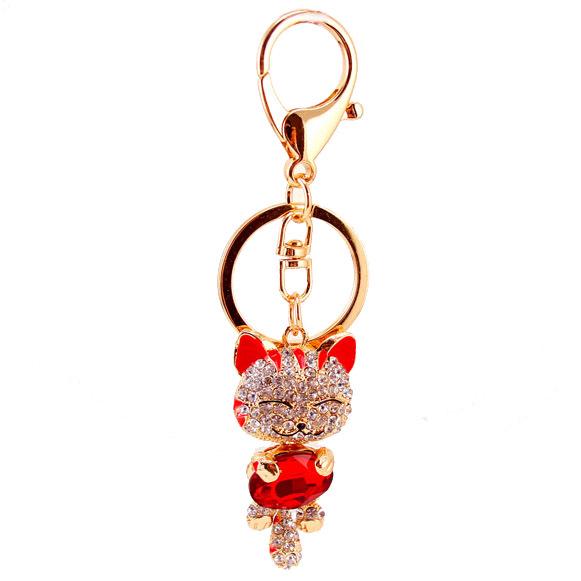 Cute Lucky Cat Diamond Keychain for Women's Bags - Kitten Metal Pendant