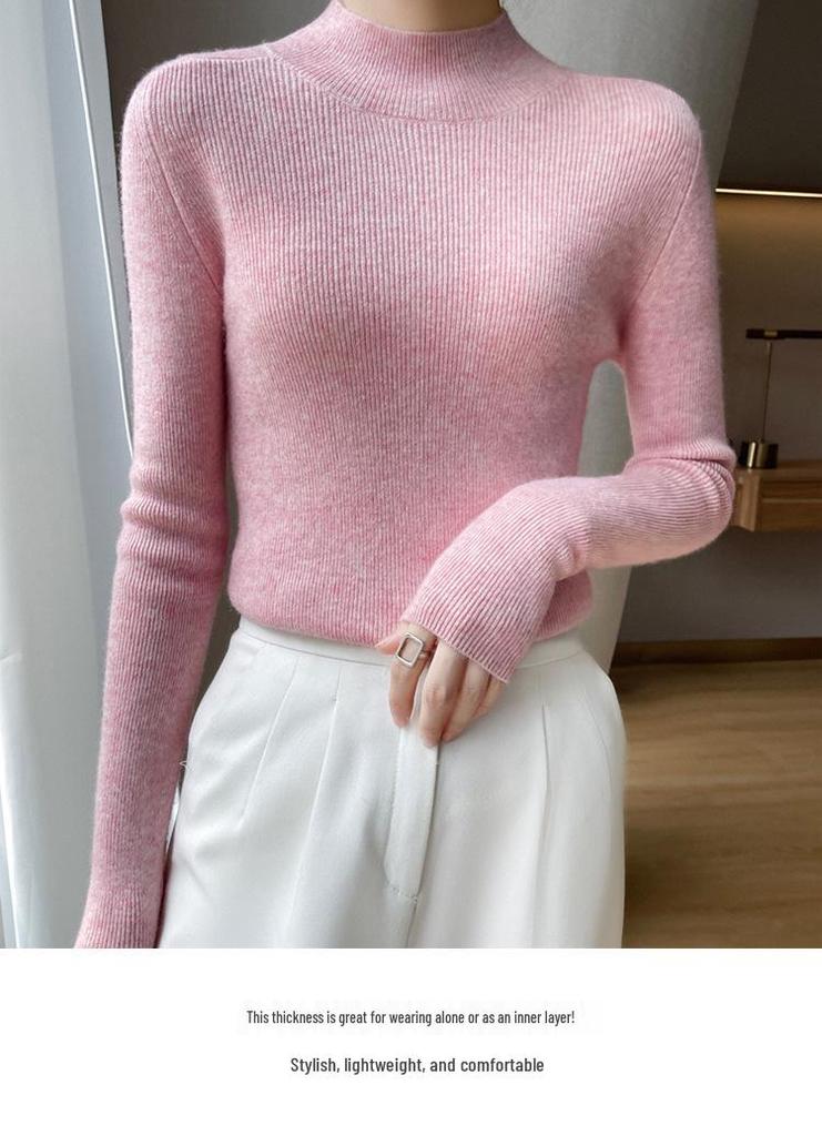 Women's 2024 Fall/Winter Cashmere Knit Base Layer: Long Sleeve, Warm, Slimming, Semi-High Neck, Versatile, Comfortable.