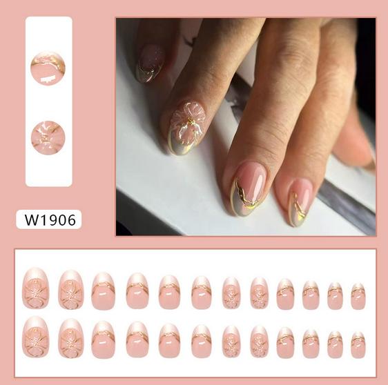 24pcs Wearable Bow Design Press on Nails Simple Pearl Starlight Short Almond False Nails Tips Finished Cat's Eye Fake Nail Sets