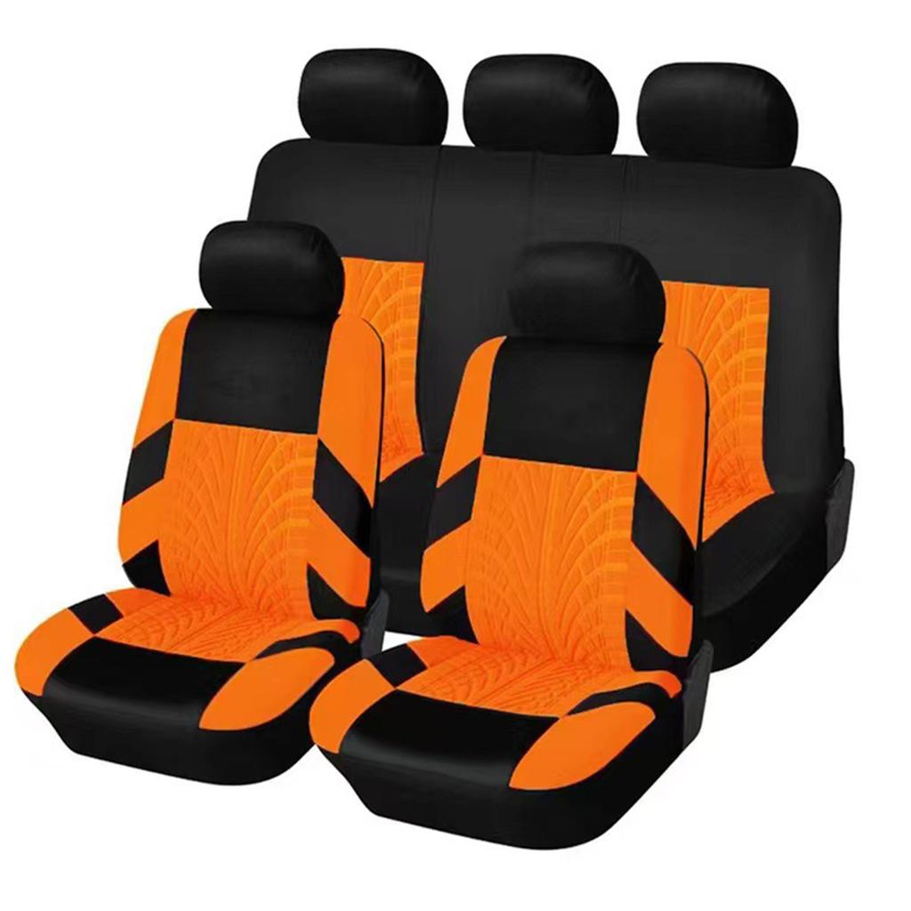 9 Piece Tire Tread Pattern Knitted Fabric Car Seat Covers Full Set Front Rear Seats Headrest Protection Durable Fit