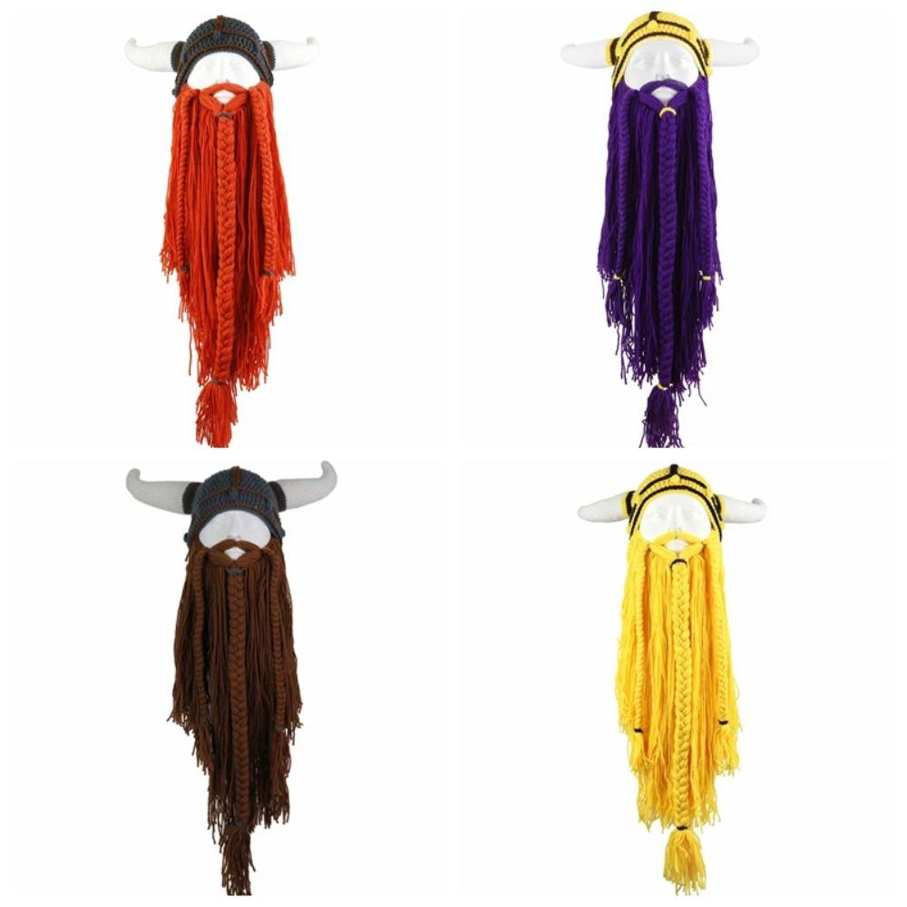Warm Beanie Viking Horn Hat Funny Tricky Big Beard Mask Hat Men Male Bearded Funny Caps Christmas