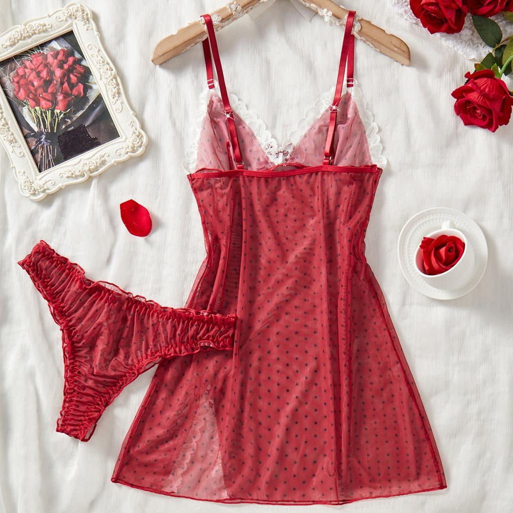 European and American Internet celebrities popular lace mesh semi-perspective sexy suspender skirt nightdress two-piece set