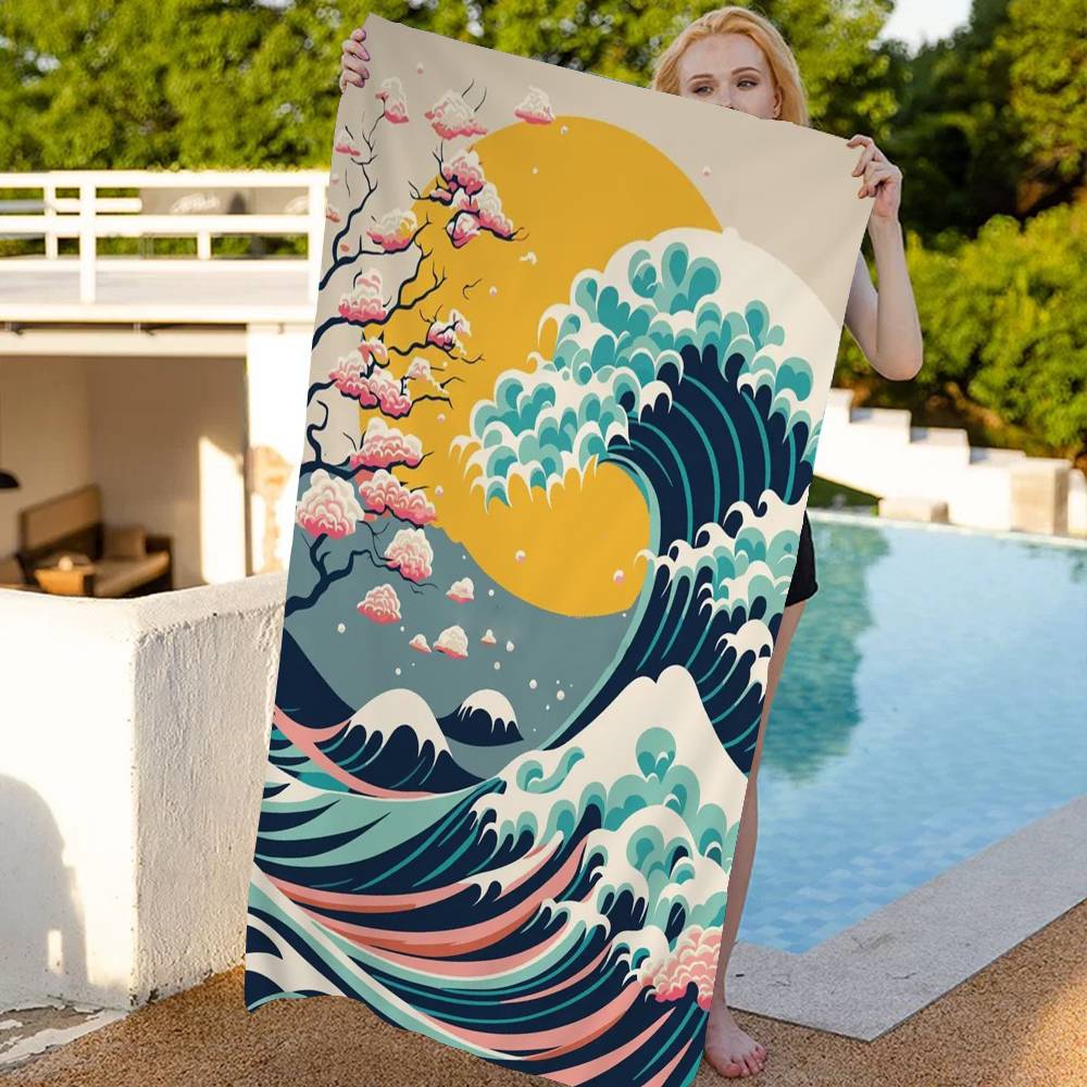 Wave Landscape Japanese Wall Art Beach Towel Bath Towels for Girl Microfiber Quick Dry Custom Sand Free Beach Yoga Spa Gym Pool