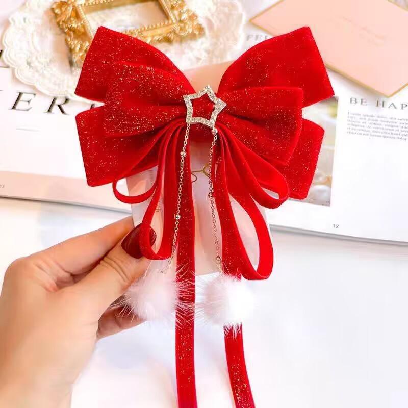 Red Tassel Bow Hairpin - Retro Hanfu Style for Girls