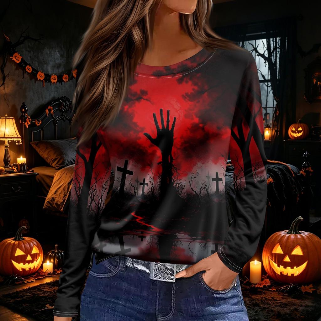 Women's Halloween Print Long Sleeve Round Neck Top with Hem Slit
