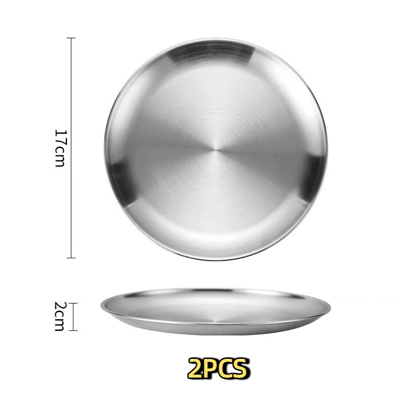 2Pcs Silver Stainless Steel Round Plates Rust Proof Food Safe Dinner Dishes for Home Outdoor BBQ Camping Picnic