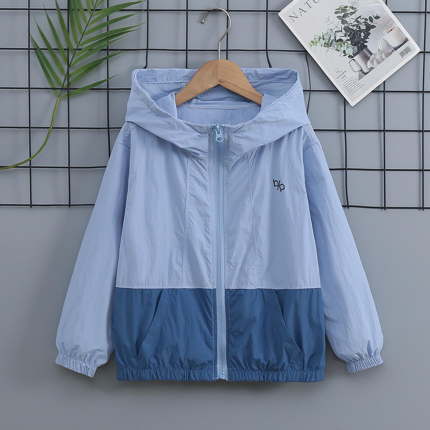 2026 Kids UV Protection Lightweight Ice Silk Color Block Sunshade Jacket 110 синий