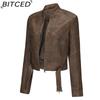 BITCED Women's Biker-Style Leather Jacket with Belt, Long Sleeves and Zip Fastening Spring/Autumn Leather Jacket