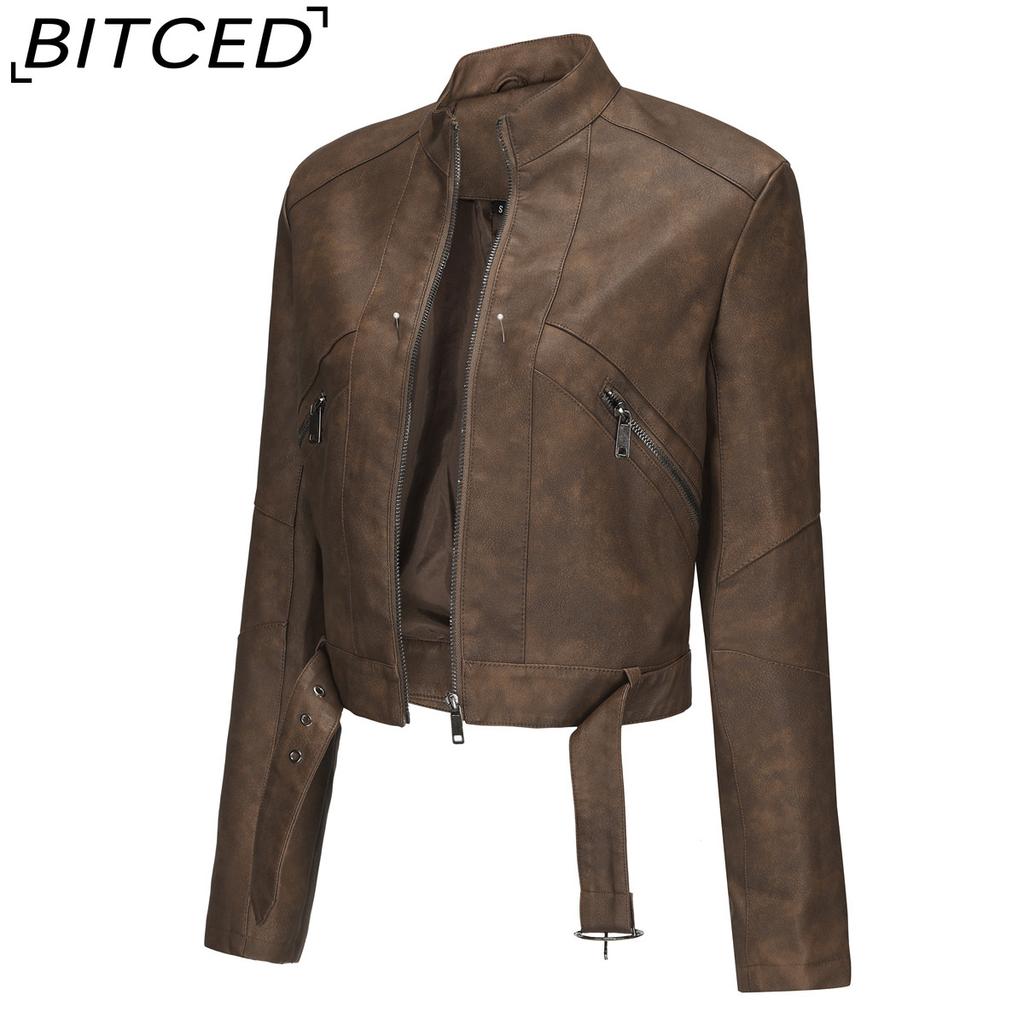BITCED Women's Biker-Style Leather Jacket with Belt, Long Sleeves and Zip Fastening Spring/Autumn Leather Jacket