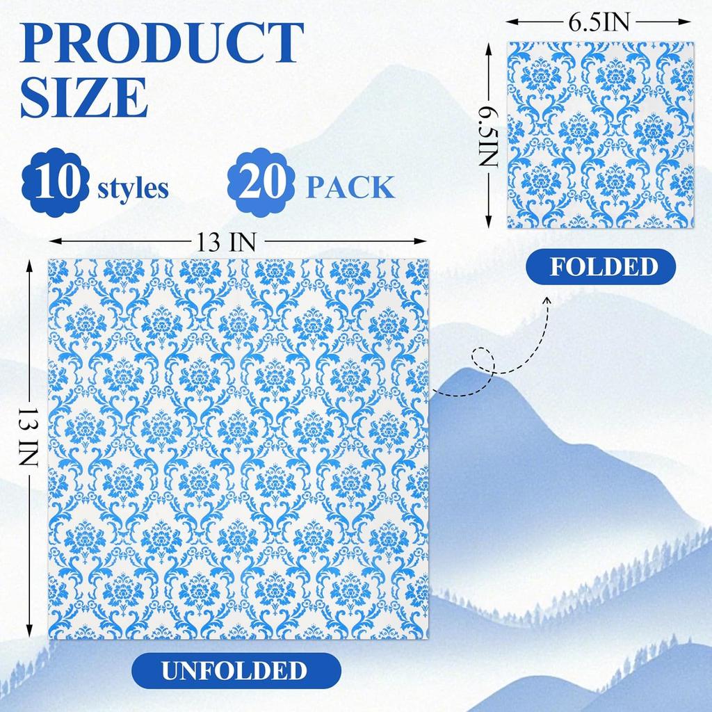20 Pack 10 Styles Decoupage Paper Napk, Blue Floral Decorative Cocktail Toile Napk for DIY Crafting Birthday Party Baby Shower