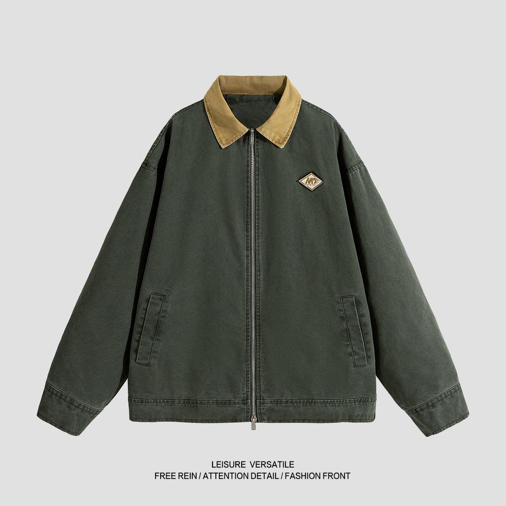 Minimalist Vintage Jacket Men's Spring and Fall Lapel Cotton Embroidery Workwear Washed and Done Old Jacket Loose Top Breathable Work Casual Jacket