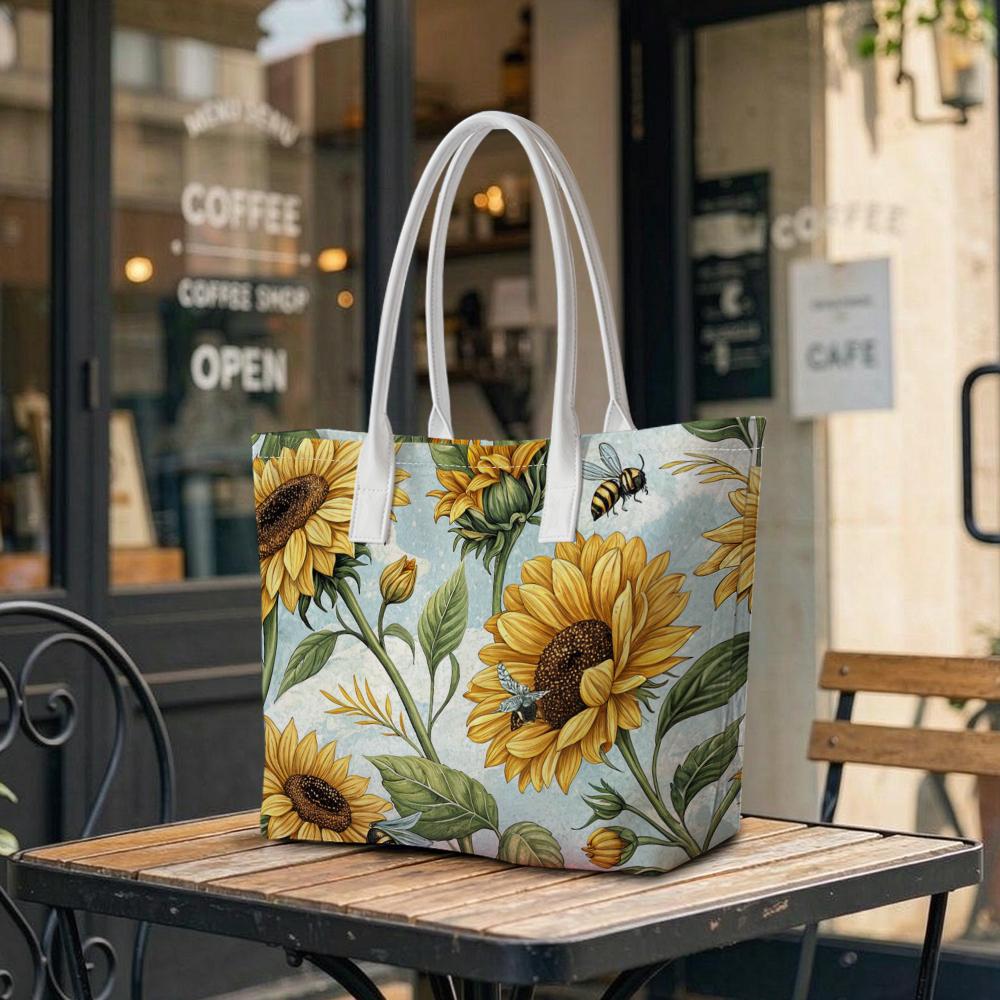 Sunflower Bee Print Tote Bag Fashion Casual Large Capacity Ladies Daily Outdoor Carry Handbag
