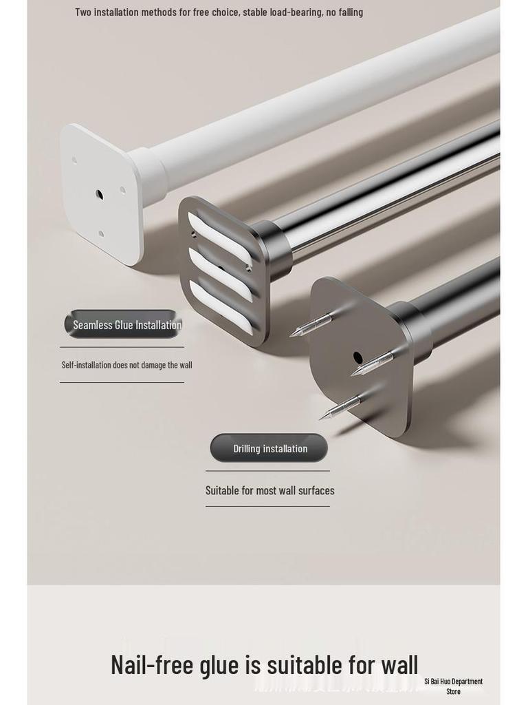 Regulowany, beznarzędziowy, wysuwany drążek ze stali nierdzewnej na ubrania i zasłonę prysznicową