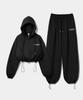 Prinoar [Set] Slow And Soft String Oversized Crop Two-Way Zip-Up Hoodie + One-Pleat String Pants - Black