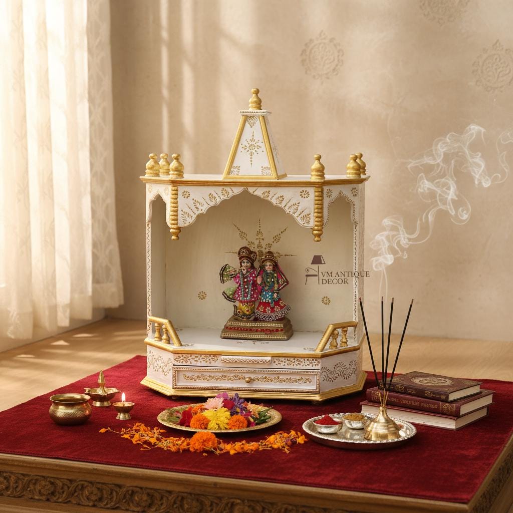 Wooden Pooja Mandir | White & Gold Temple for Home | Hindu Prayer Altar with Drawer | Decorative Mandap for Idols | Indian Religious Decor