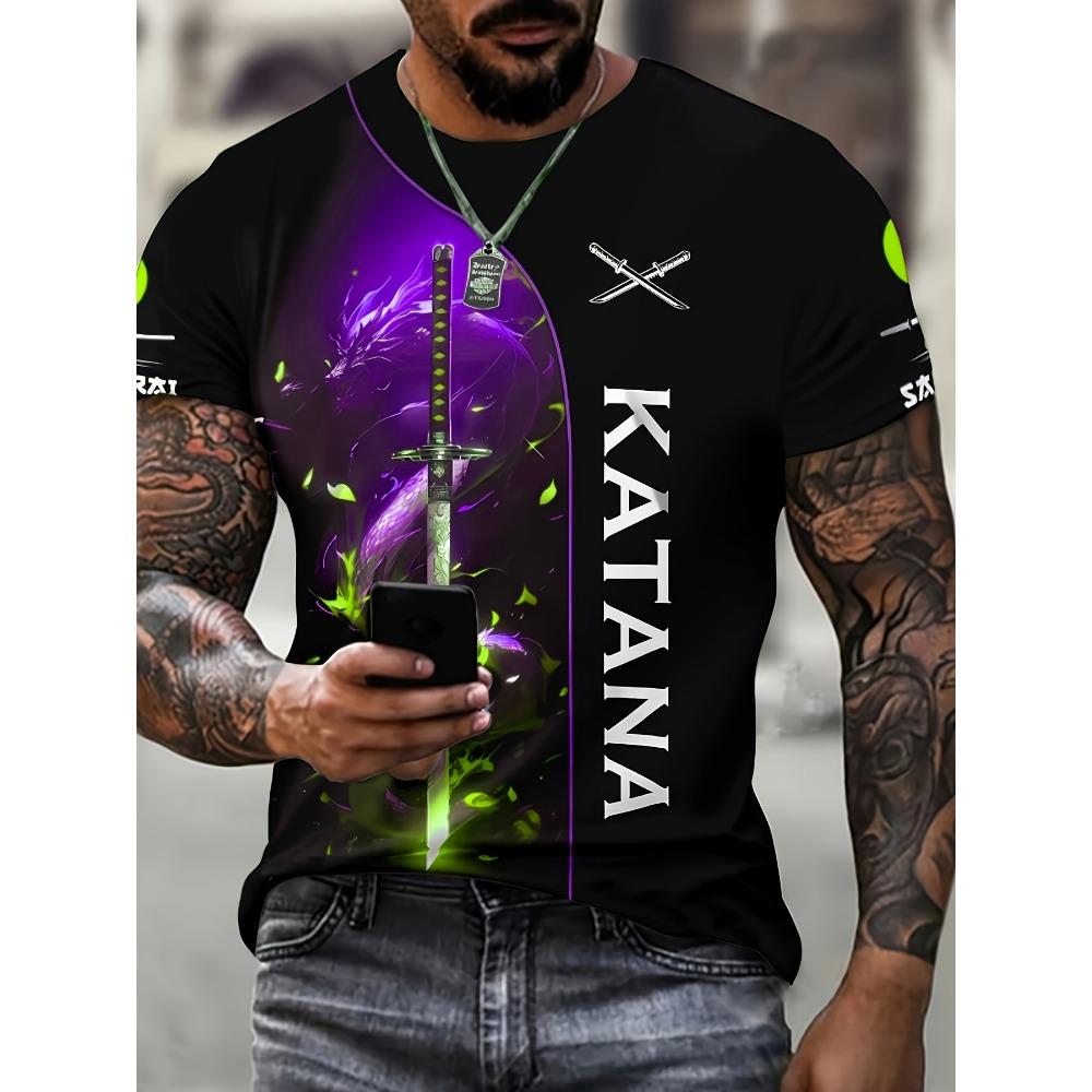 Men's Japanese samurai sword cherry blossom print T-shirt