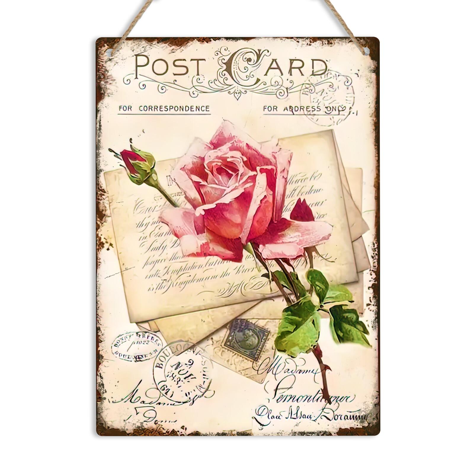 Vintage Post Card Floral Shabby Chic Metal Sign Wall Plaque Rose Home Art Decor 20X30CM