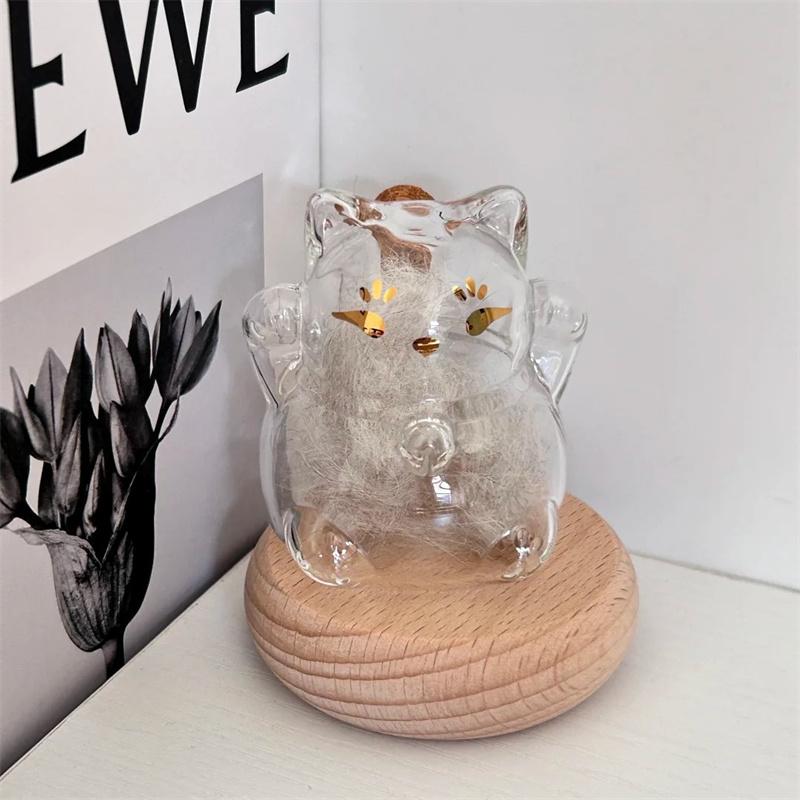 Transparent Cat Fur Keepsake Display, Glass Fortune Cat Bottle With Base, Mini Pet Memorial Storage Jar