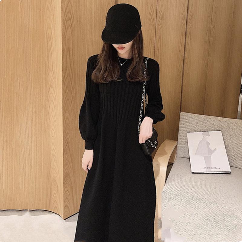 Retro with Coat, Knitted Sweater Skirt Inside, Autumn and Winter New Temperament Knee-length Dress Women's Base Dress