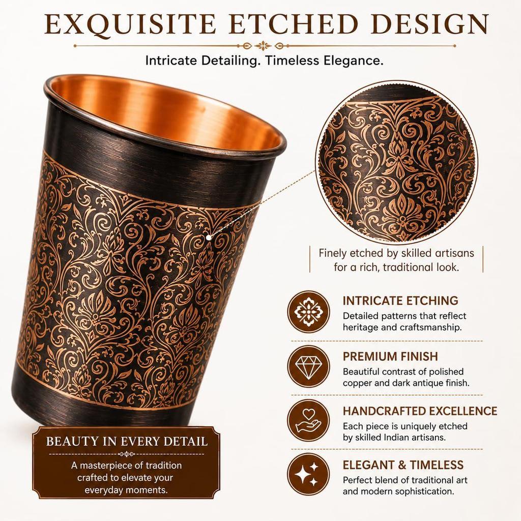 Pure Copper Water Glass Set of 6 with Elegant Etching Design, 300ml Handmade Ayurvedic Drinking Tumblers for Daily Use, Dining