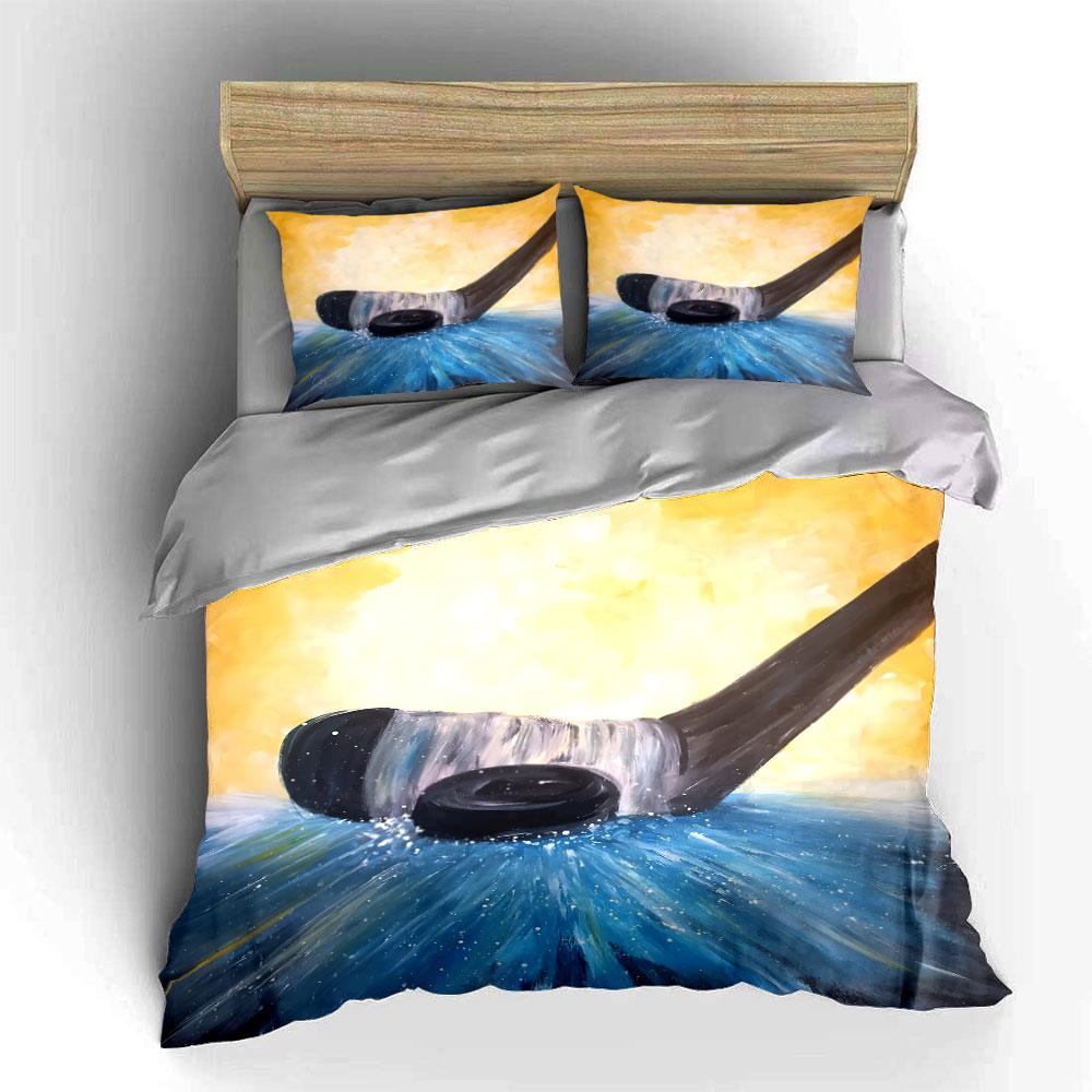 Hockey Stick and Puck Splash Art Print Bedding Set Duvet Cover Pillowcases (1* Duvet Cover 2* Pillowcases Do Not Include Comforter)