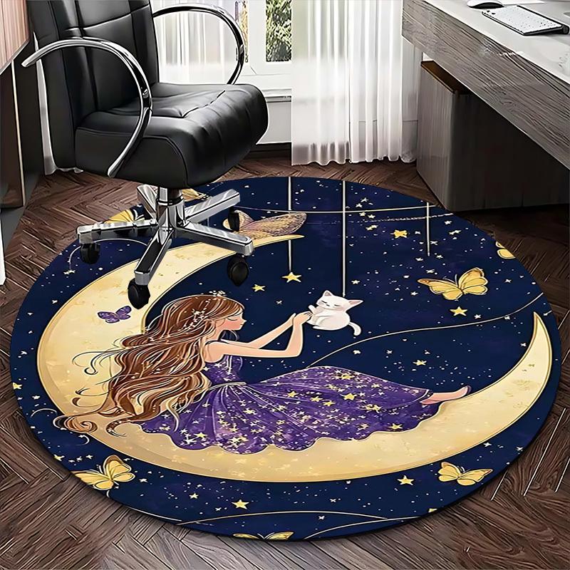 1pc Anime Design Round Carpet Office Chair Mat with Girl, Cat, Butterflies, Stars, Moon Festival Gift for Home Decor
