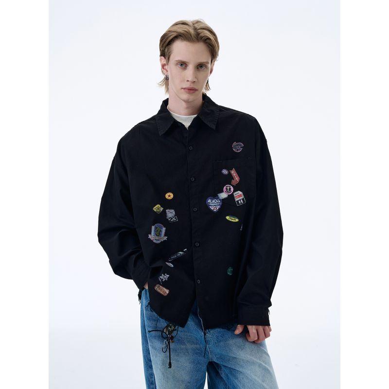 Kisko Design-Inspired American-Style Sticker Print Frayed Long-Sleeve Shirt for Men and Women, Trendy Brand, Cool and Loose-Fitting Shirt Jacket