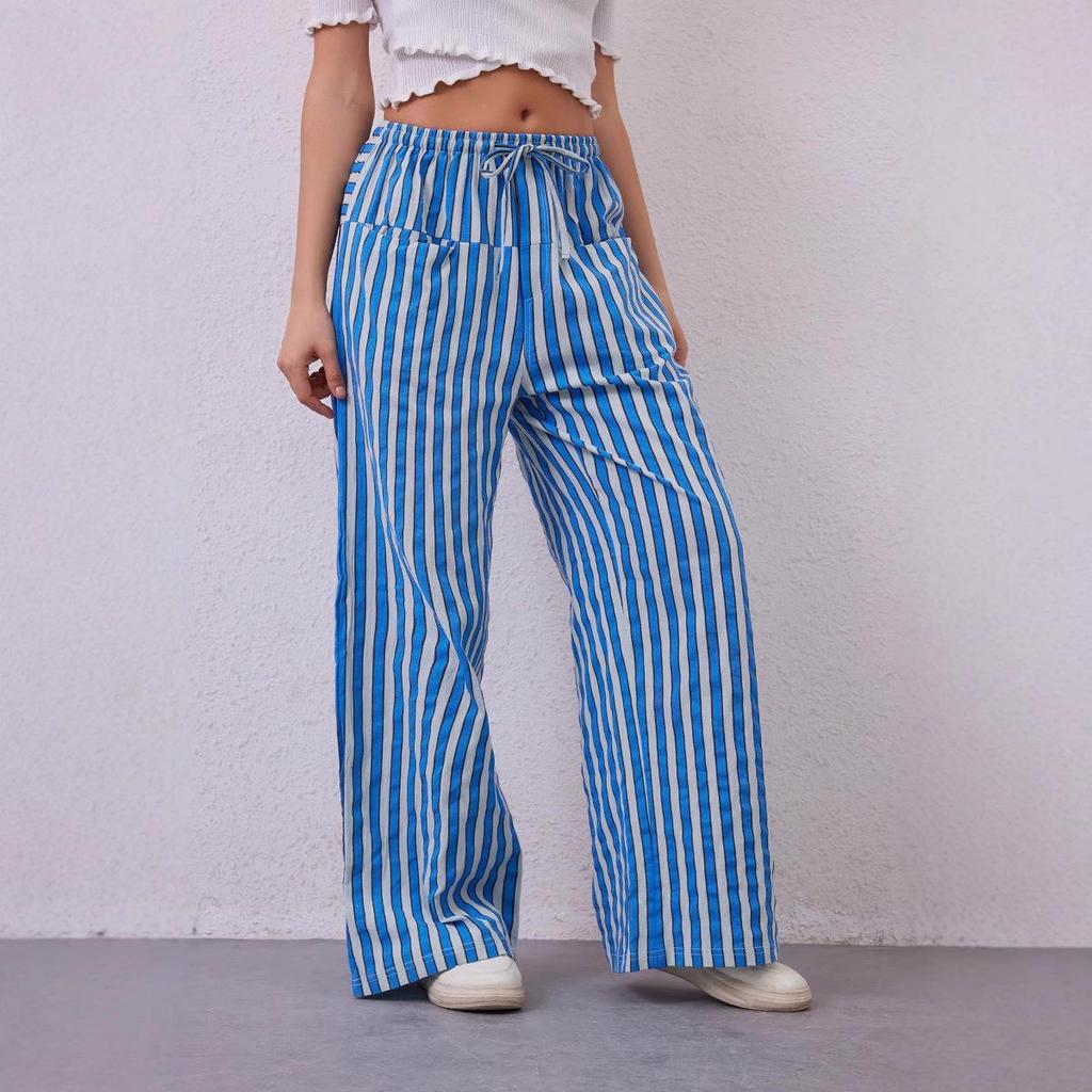 2024 Women's European & American Casual Striped Low Waist Wide Leg Drawstring Multi-Pocket Pants