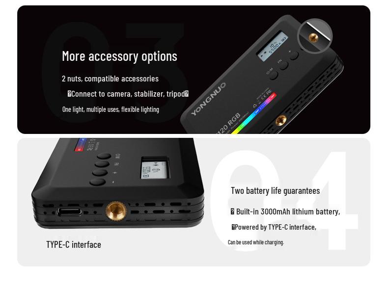 Yongnuo YN120 RGB Portable LED Light - Adjustable Color Temperature for Live Broadcasts and Vlogs