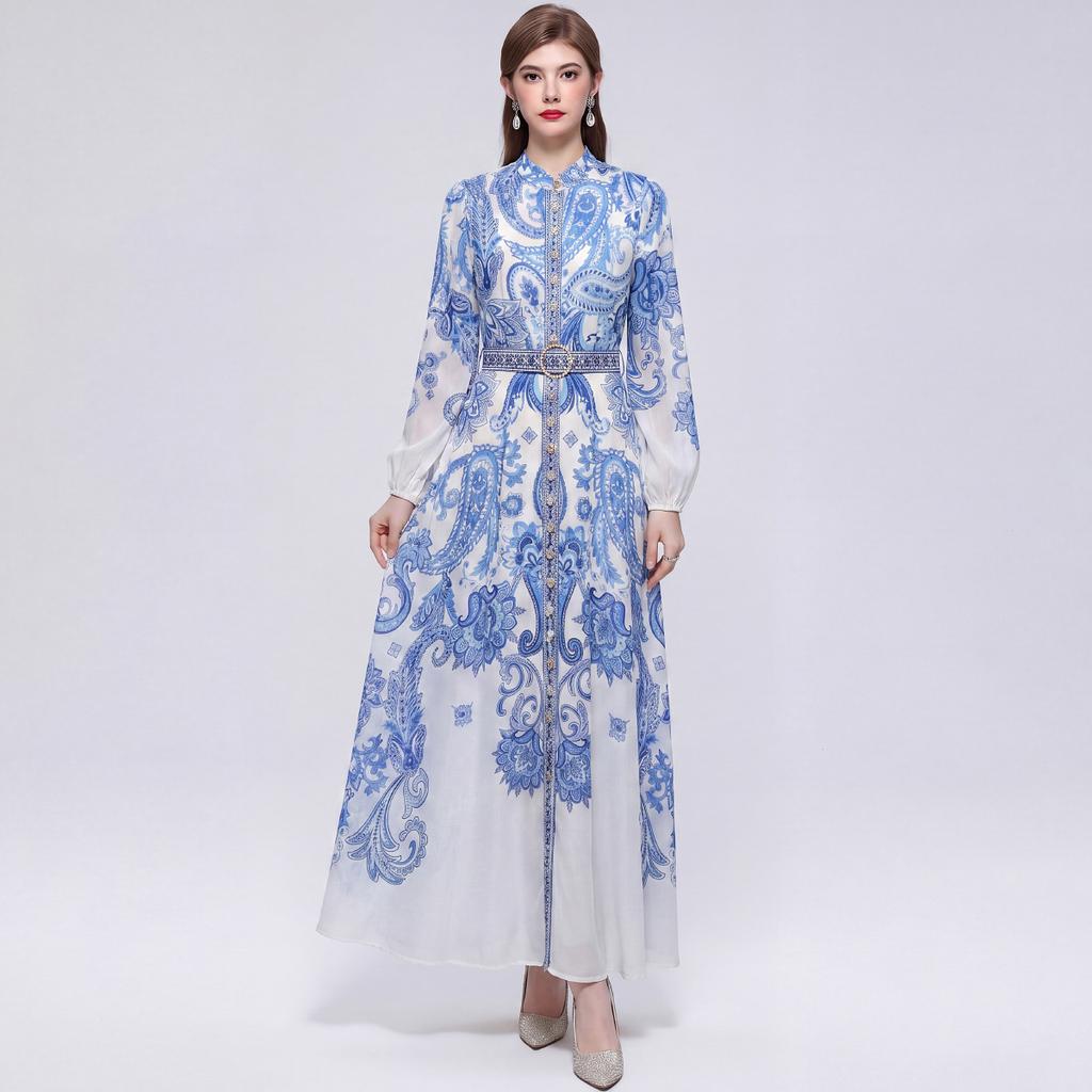 Summer Fashion Floral Print Pleated Party Dress for Women 2026 Autumn Casual Long Sleeve Holiday Prom Party Chiffon Long Dresses