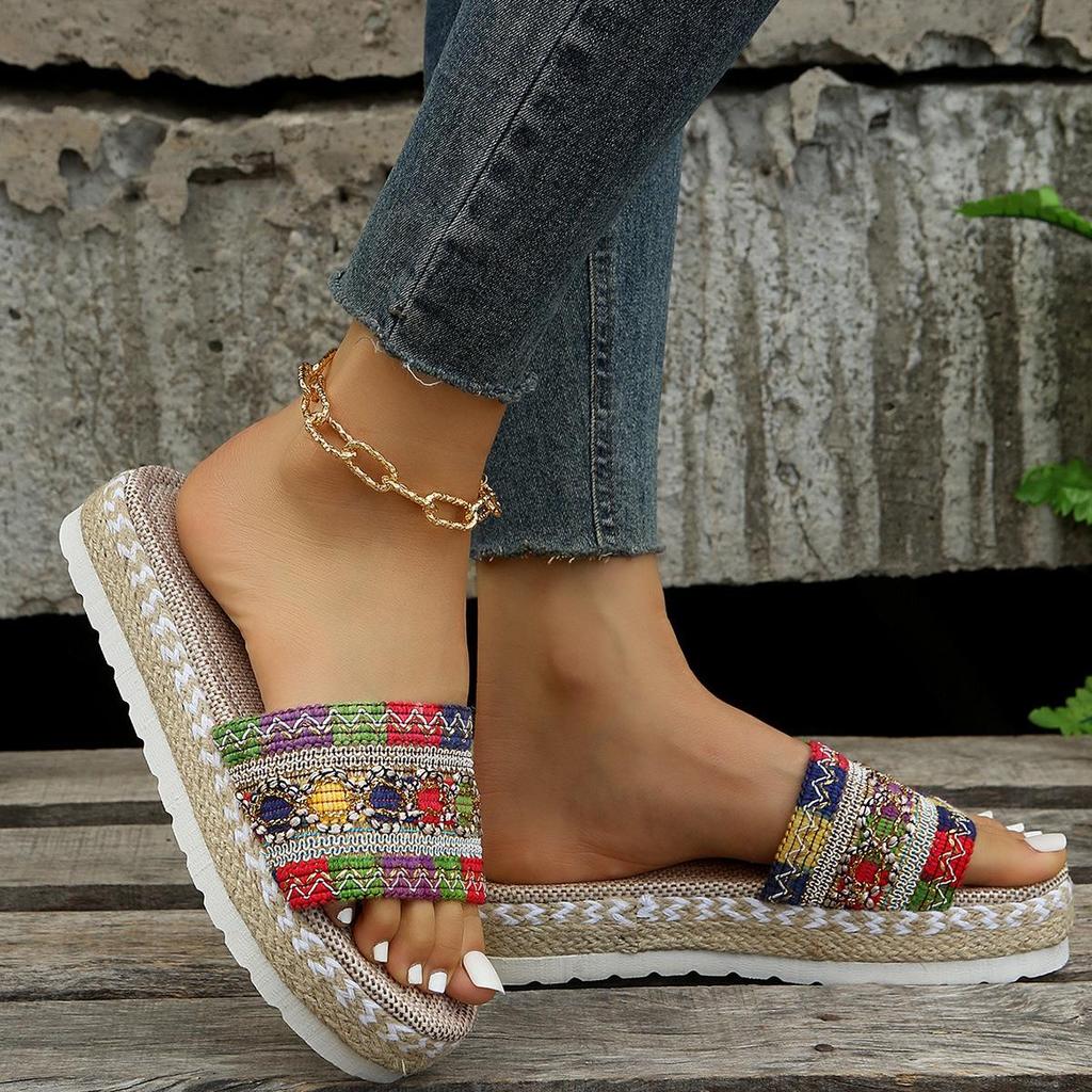 Plus-Size Ethnic Style Women's Thick-Soled Peep-Toe Rope Slippers In Candy Colors (2024)