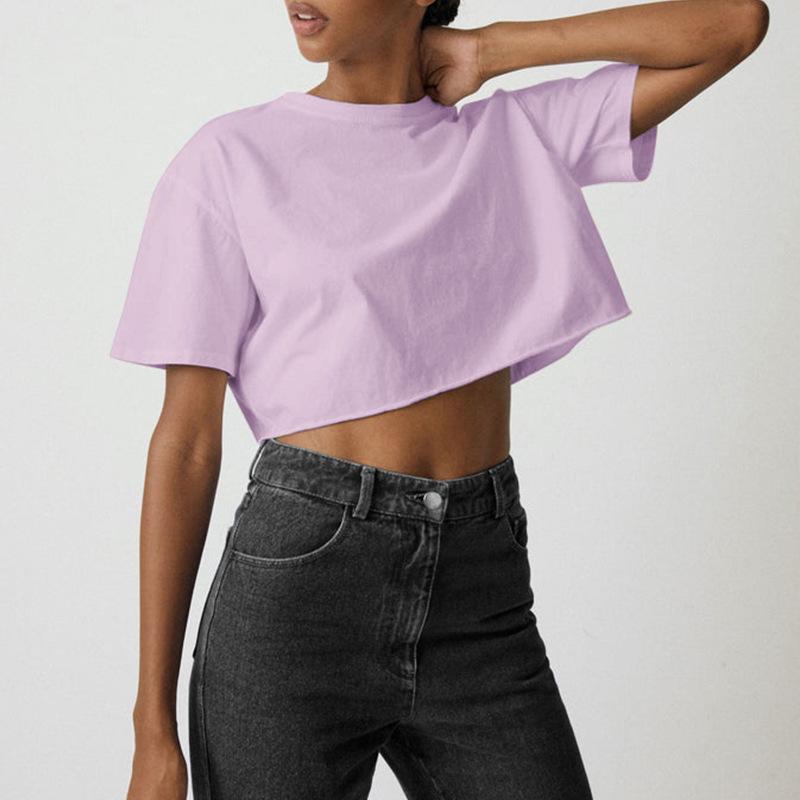 Sportliches Damen-Crop-Top mit Rundhalsausschnitt aus Baumwolle - Sommerstil, Kurze Ärmel, 180g Reine Baumwolle, Hot Girl Trend