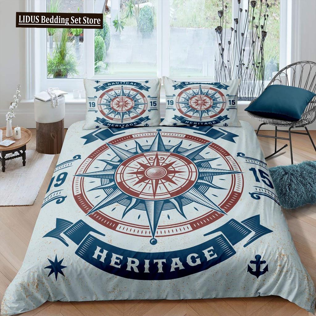 Nautical Duvet Cover Set Boat Pirate Bedding Set King Size Retro Sailboat Brown Comforter Cover Anchor Compass Vintage Quilt Set