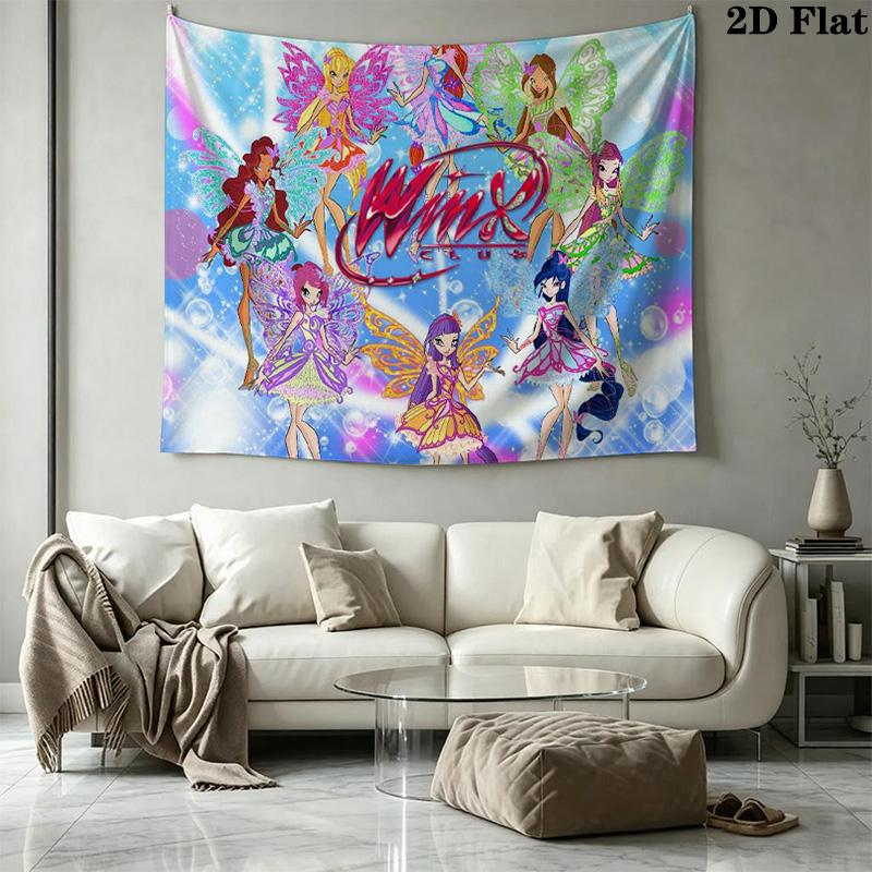 Winx Club Cartoon Wall Tapestry Aesthetic Wall Hanging Printed Fabric Blanket Decorative Tapestries for Bedroom Living Room Home Decor