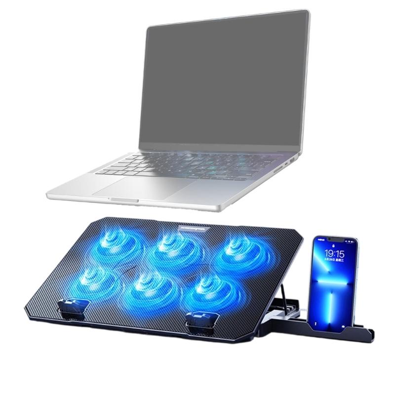 6 Quiet Fan Laptop Cooling Lighting Adjustable Foldable Laptop Cooling Pad LED Light Fan with 2 USB Port Phone Holder