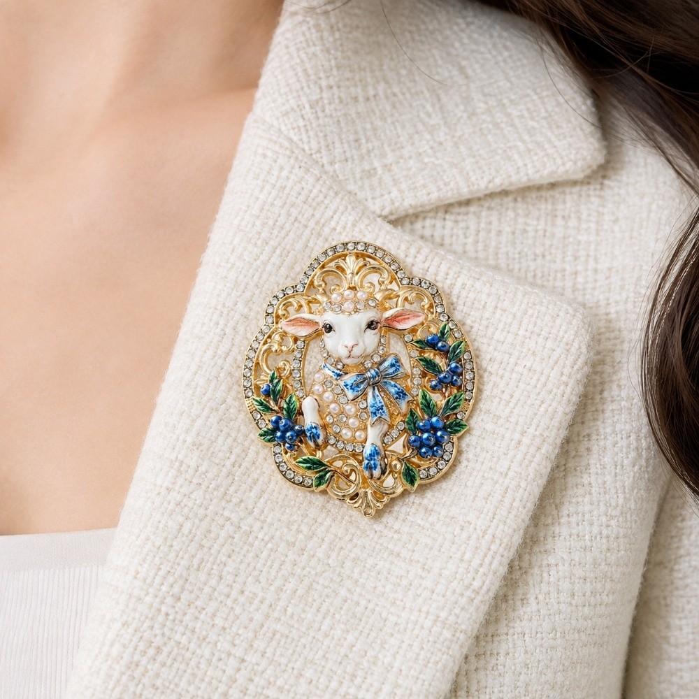 Enamel New Year Lapel Pin Rhinestone Badge Vintage Sheep Brooch Unisex