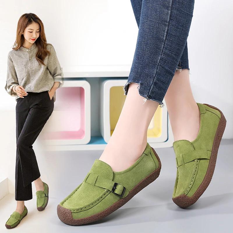 British Style Slip-On Comfortable Moccasins Ladies Non-Slip Mother Walking Shoes Spring Cow Suede Lightweight Casual Shoes Women