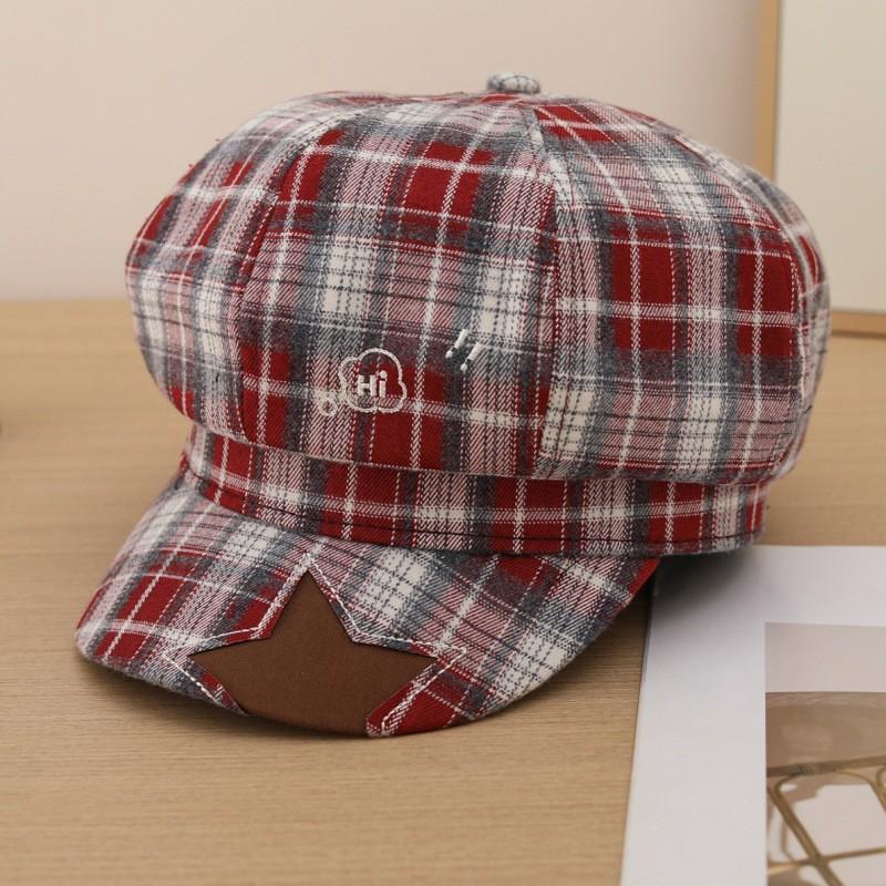 Japanese Style Vintage Plaid Octagonal Beret Hat Women - Wide Brim Sun Protection Cap Adjustable Fit Fashion