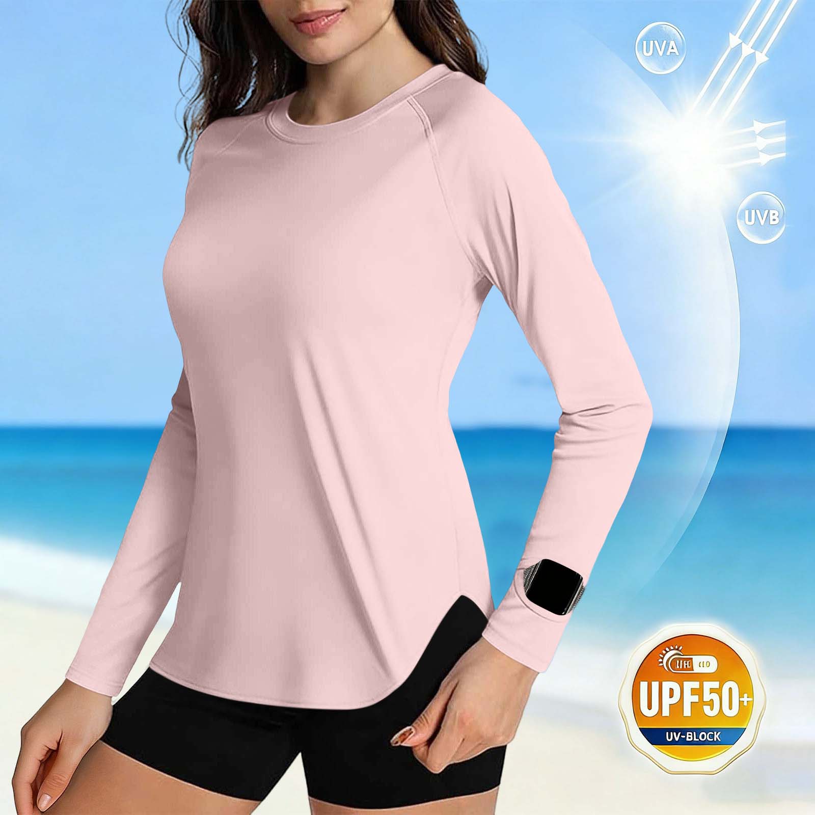 

Women s UPF 0+ Long Sleeve Rash Guard, UV Sun Quick Dry Swim Top For Surfing Diving Swimming L розовый