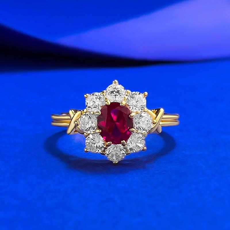 Xiancan S925 Silver Oval Pigeon Blood Red Ring - Floral & Cross Design Size 8