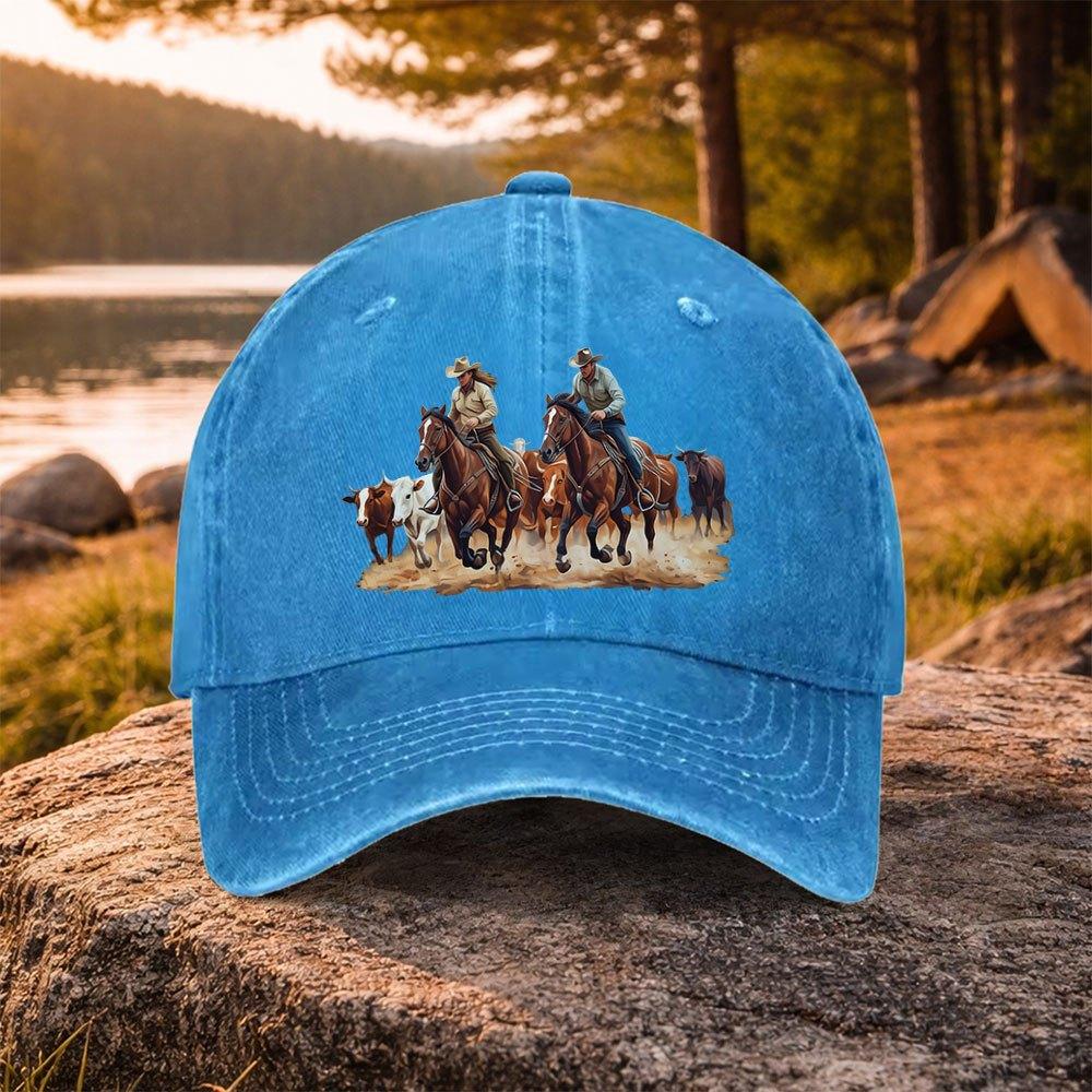 Pc Casual Versatile Western Cowboy Herding Print Washed Baseball Cap Suitable for Golf Casual Wear and Outdoor Activities G