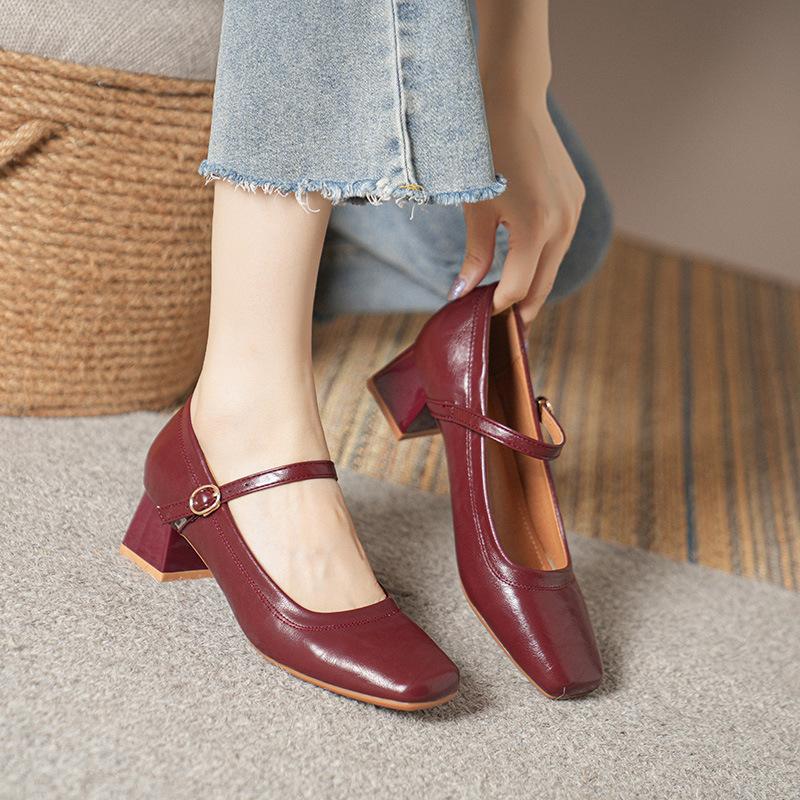 Fashion 2025 Summer Women 5cm High Heels Metal Buckle Wine Red Office Pumps Female Strap High Heels Lady Sweet Mary Jane Shoes