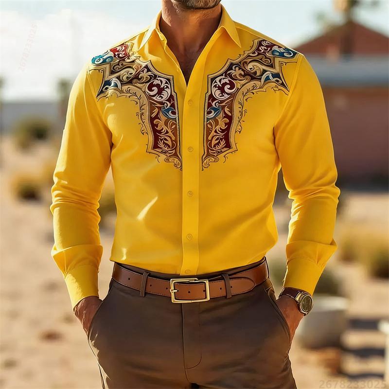 Men's Retro Fashion Printed Long-Sleeve Shirt, Western Cowboy Style, Slim Fit Casual Shirt, Comfortable Fabric, Sizes XS-6XL