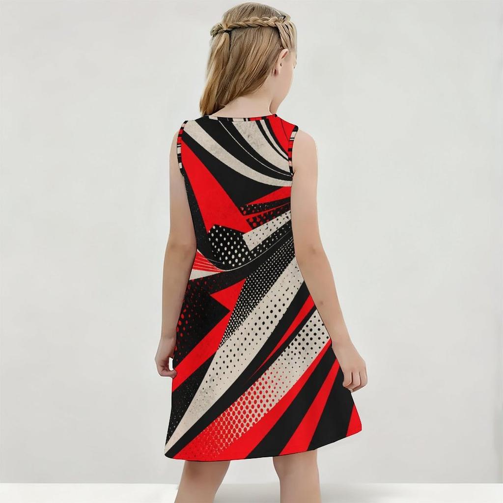 Girls Sleeveless Round Neck Geometric Printed A Line Flared Dress Red Black Beige