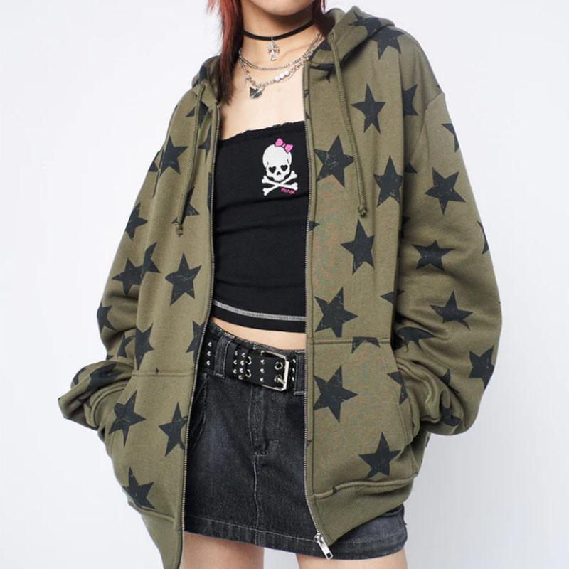 Y2k Oblečení Vintage Hvězda Oversized Mikina Bunda Harajuku Goth Dlouhý Rukáv Dámská Mikina 2000s Hip Hop Mikina na zip s kapucí Top