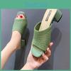 And Elegant Ladies Fashionable Summer Knitted One Step Kick Middle Heel Breathable Thick Bottom Open Toe Slope Heel Sandals