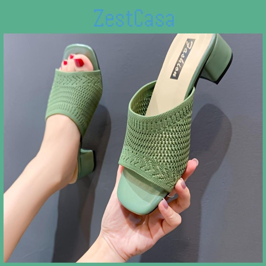 And Elegant Ladies Fashionable Summer Knitted One Step Kick Middle Heel Breathable Thick Bottom Open Toe Slope Heel Sandals
