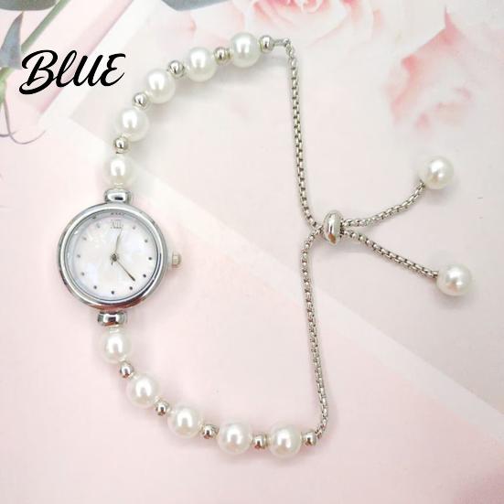 Thin Wristband Watch Women Faux Pearl Bracelet Adjustable Strap Round