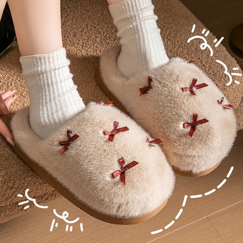 Bow cotton slippers women's autumn and winter indoor indoor home thickened warm non-slip plush cotton mop