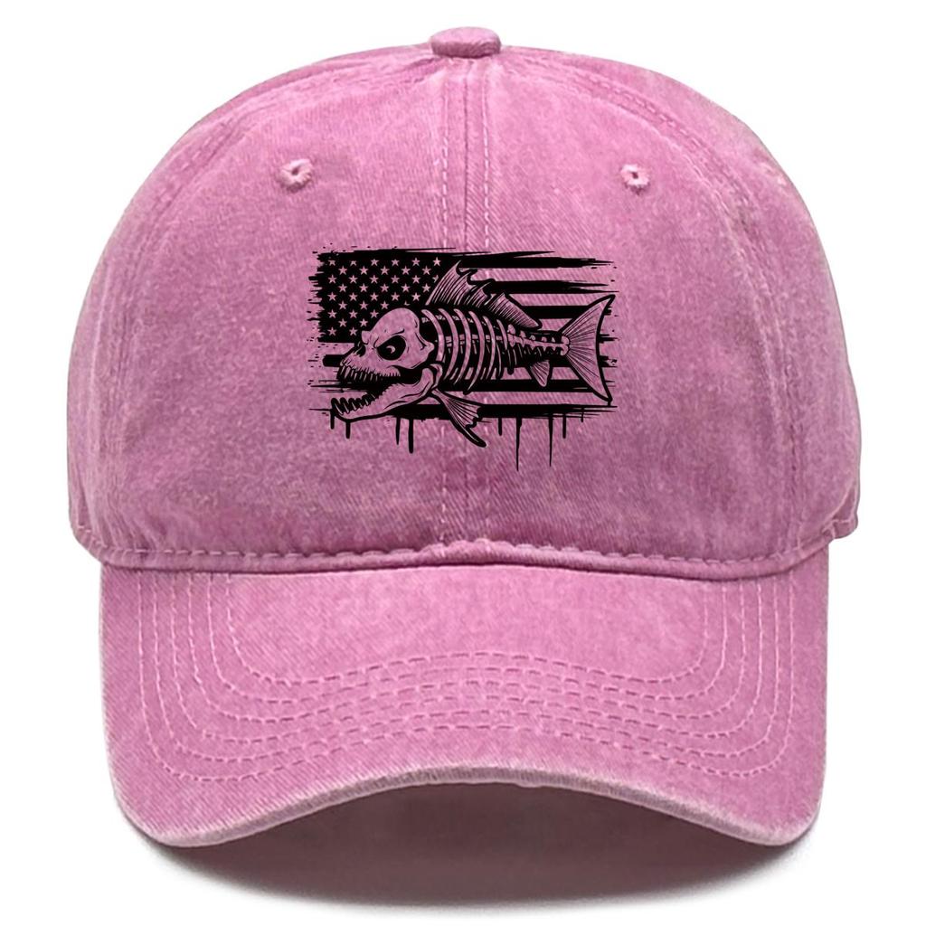 American Flag Fish Skeleton Print Adjustable Baseball Hat, Patriotic Mesh Hat Retro Distressed Non-Stretch Fabric Washed Snapback Sun Hat